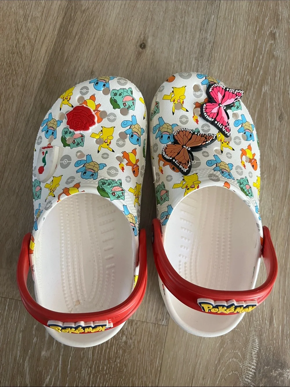 CROCS Kids White Clog with Red Strap and Colorful Pokémon Print